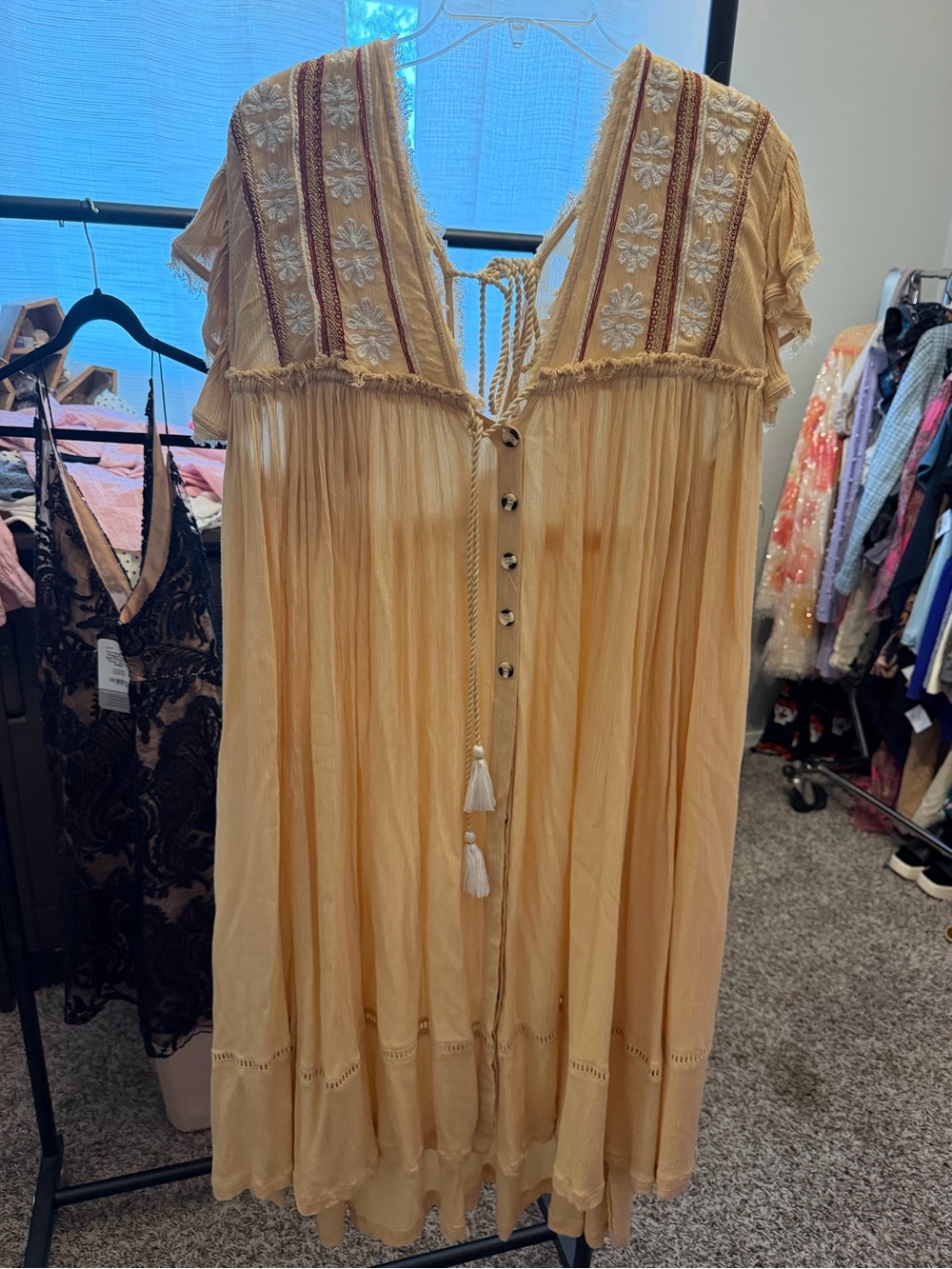 Free People Cream Embroidered Midi Dress with Tassel Tie